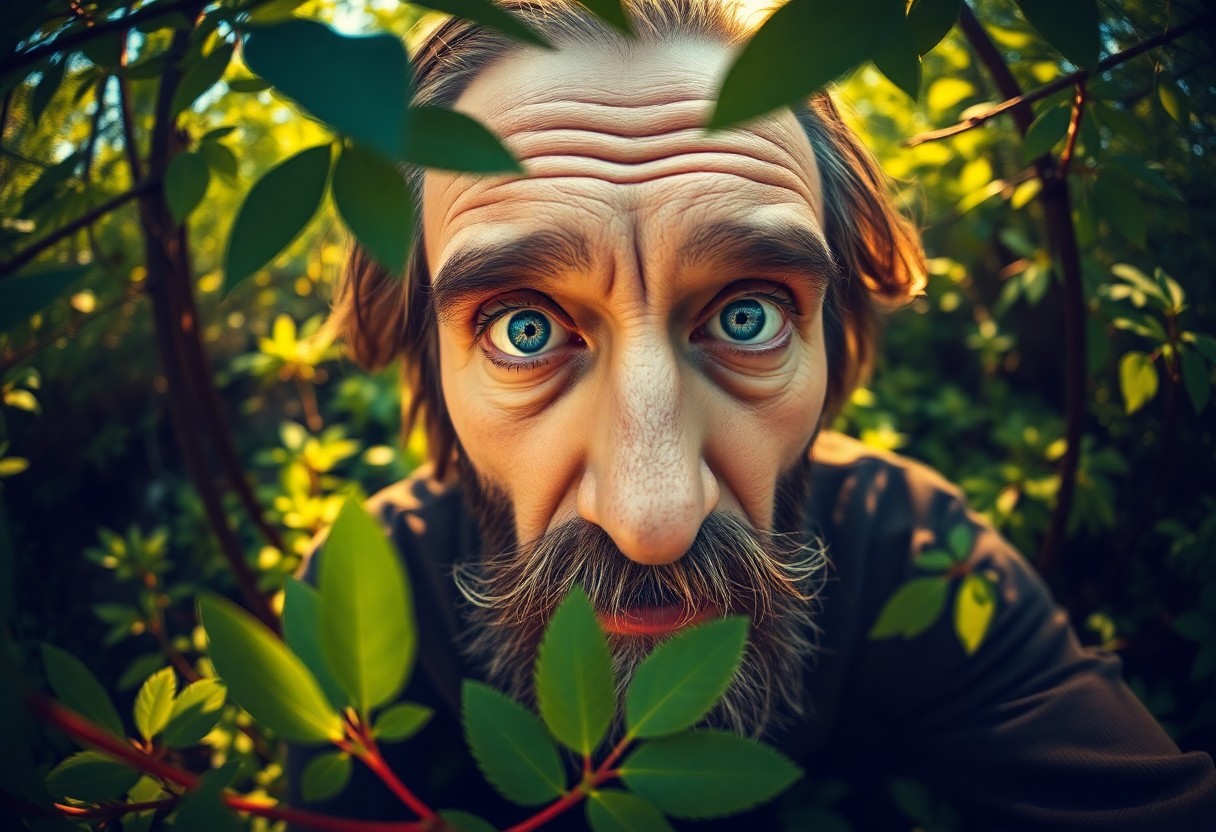 AI generated art for prompt: A captivating portrait photograph captures an enigmatic gentleman from a unique 'bug's-eye view' per