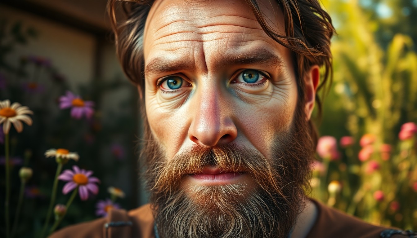 AI generated art for prompt: Craft an ultra-realistic portrait showcasing a charismatic figure with timid blue eyes and rugged sk