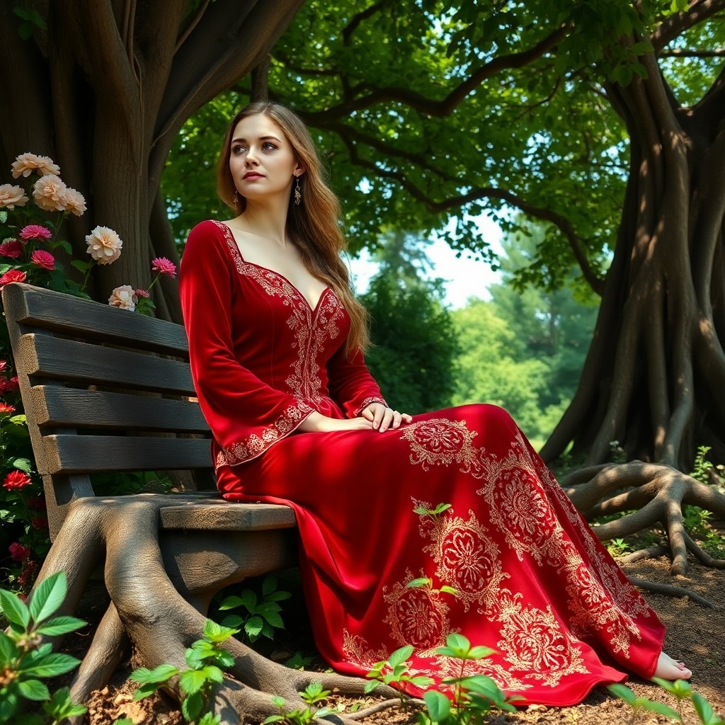 AI generated art for prompt: An elegant Celtic woman, adorned in a stunning red velvet dress with intricate golden embroidery, si