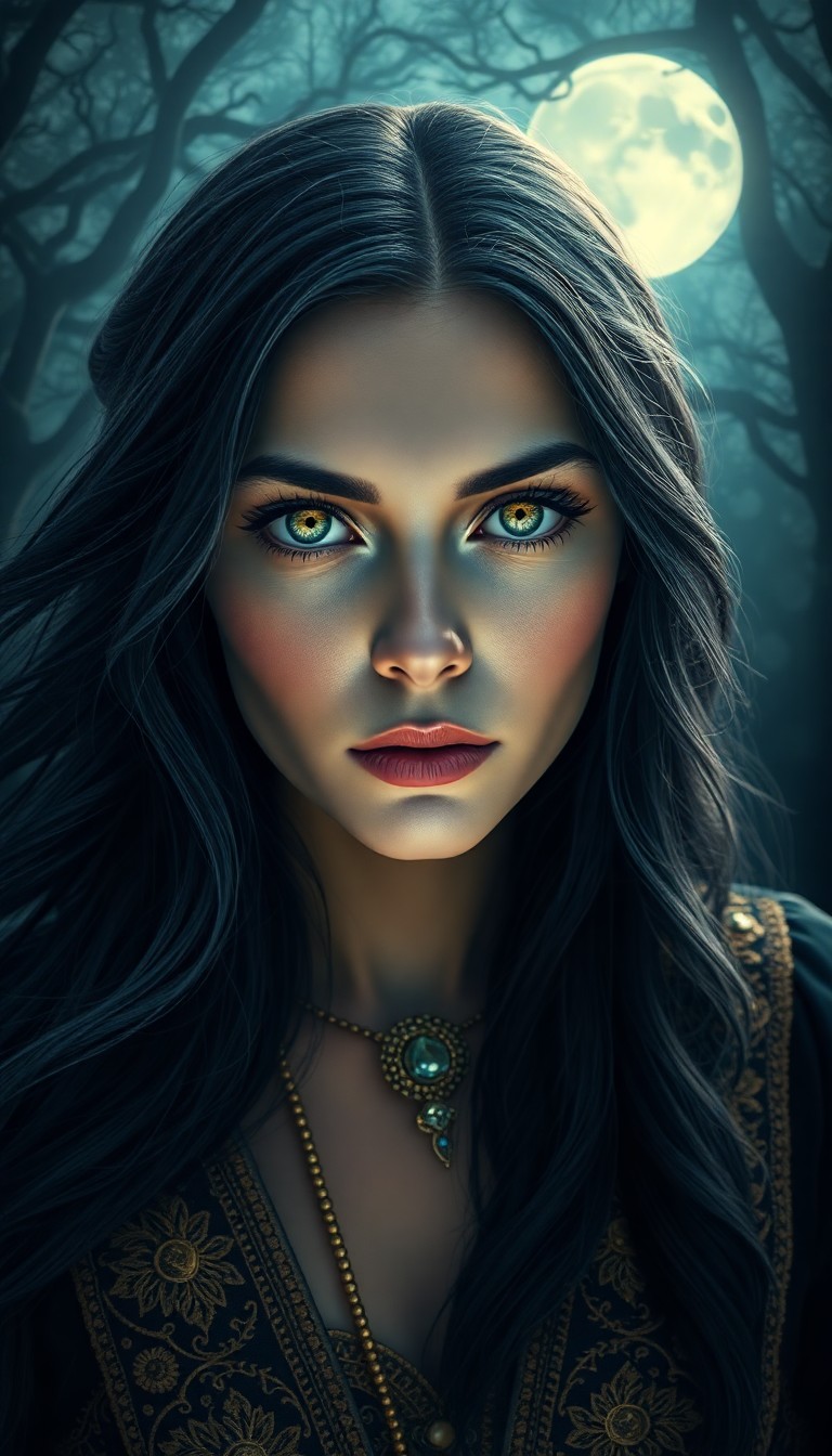 AI generated art for prompt: Craft an ultra-realistic portrait of an enigmatic fortune teller with captivating green eyes and flo