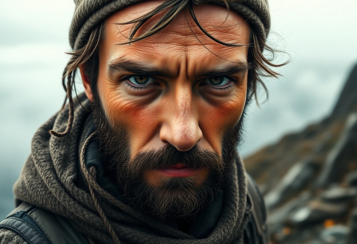 AI generated art for prompt: Craft an ultra-realistic portrait of a rugged traveler with deep-set eyes, their enigmatic gaze fixe