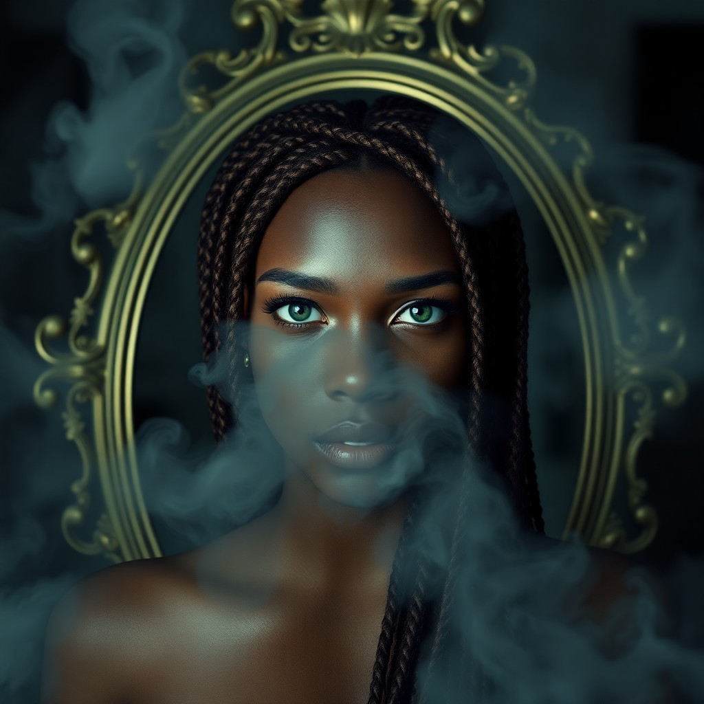 AI generated art for prompt: A portrait photograph focuses on an African woman with captivating deep green eyes and porcelain-whi