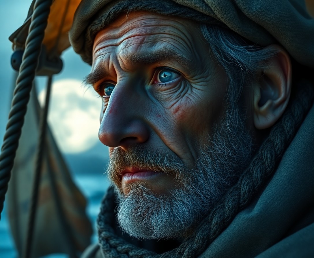 AI generated art for prompt: A digital portrait showcases an aged sailor with rugged features and gentle blue eyes, illuminated b