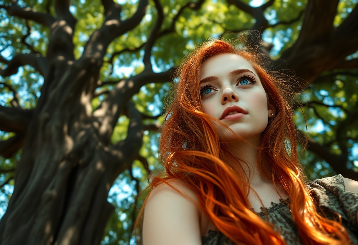 AI generated art for prompt: A captivating portrait captures a young Celtic woman with fiery red locks cascading over her shoulde