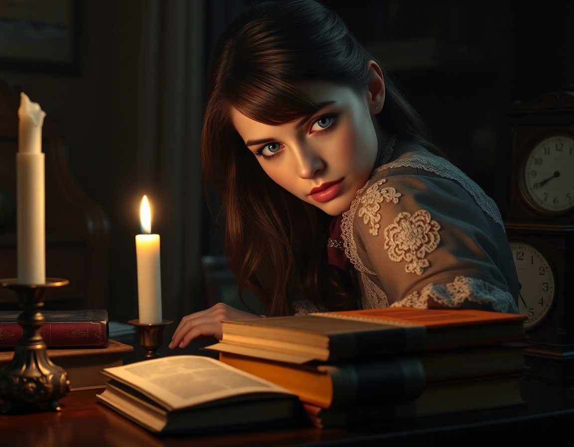 AI generated art for prompt: Super-realistic portrait of an enigmatic woman with serene blue eyes, illuminated by candlelight in 