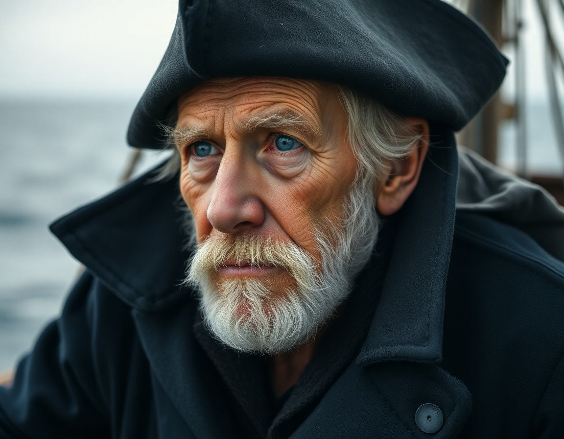 AI generated art for prompt: Imagine a photorealistic portrait of an elderly seafarer captured by smartphone, his weathered face 