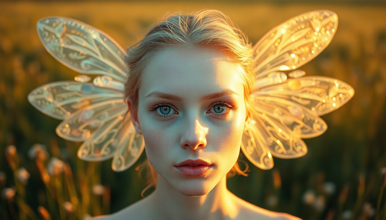 AI generated art for prompt: Craft a photorealistic portrait photograph of an ethereal being with translucent wings, captured fro