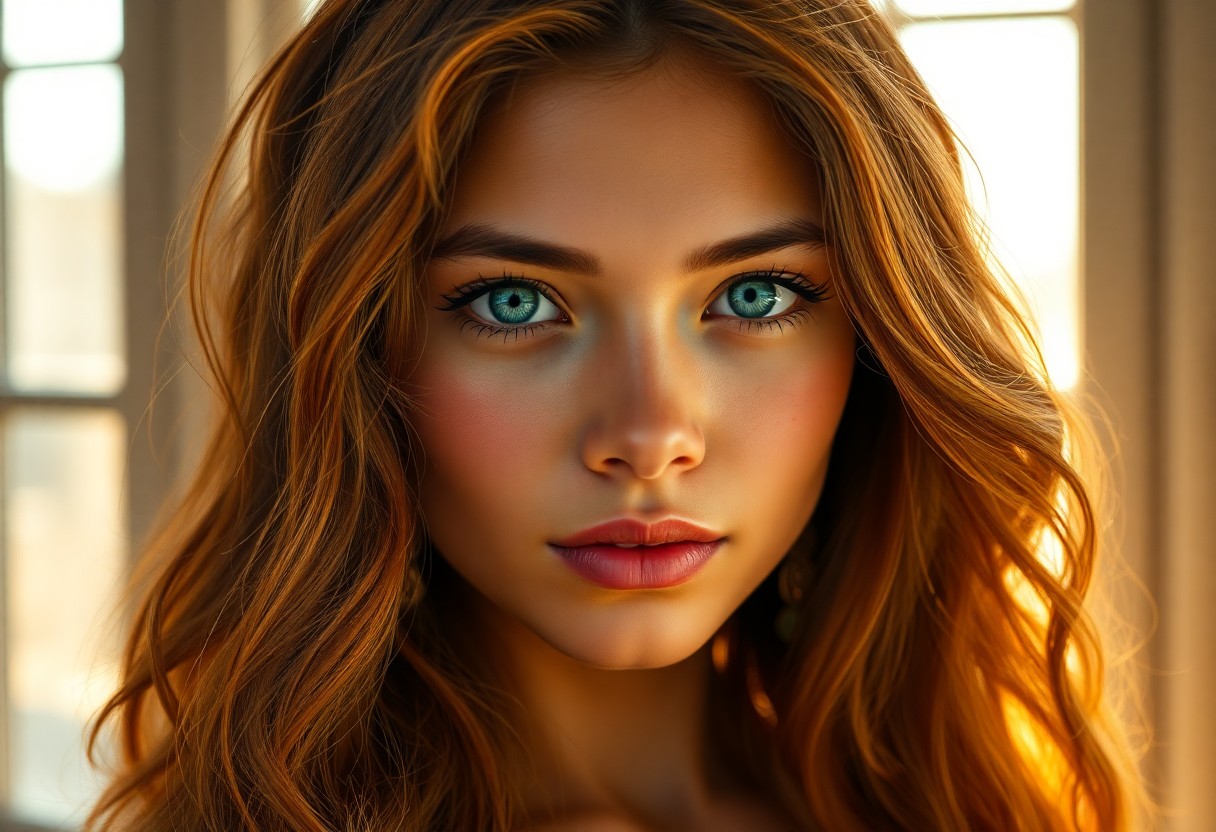 AI generated art for prompt: A mirrorless camera captures a portrait of a young Micronesian woman with long, wavy auburn hair fra