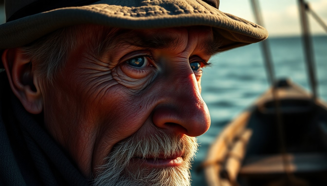 AI generated art for prompt: A poignant close-up portrait of an aged fisherman with sunlight casting dramatic shadows across his 