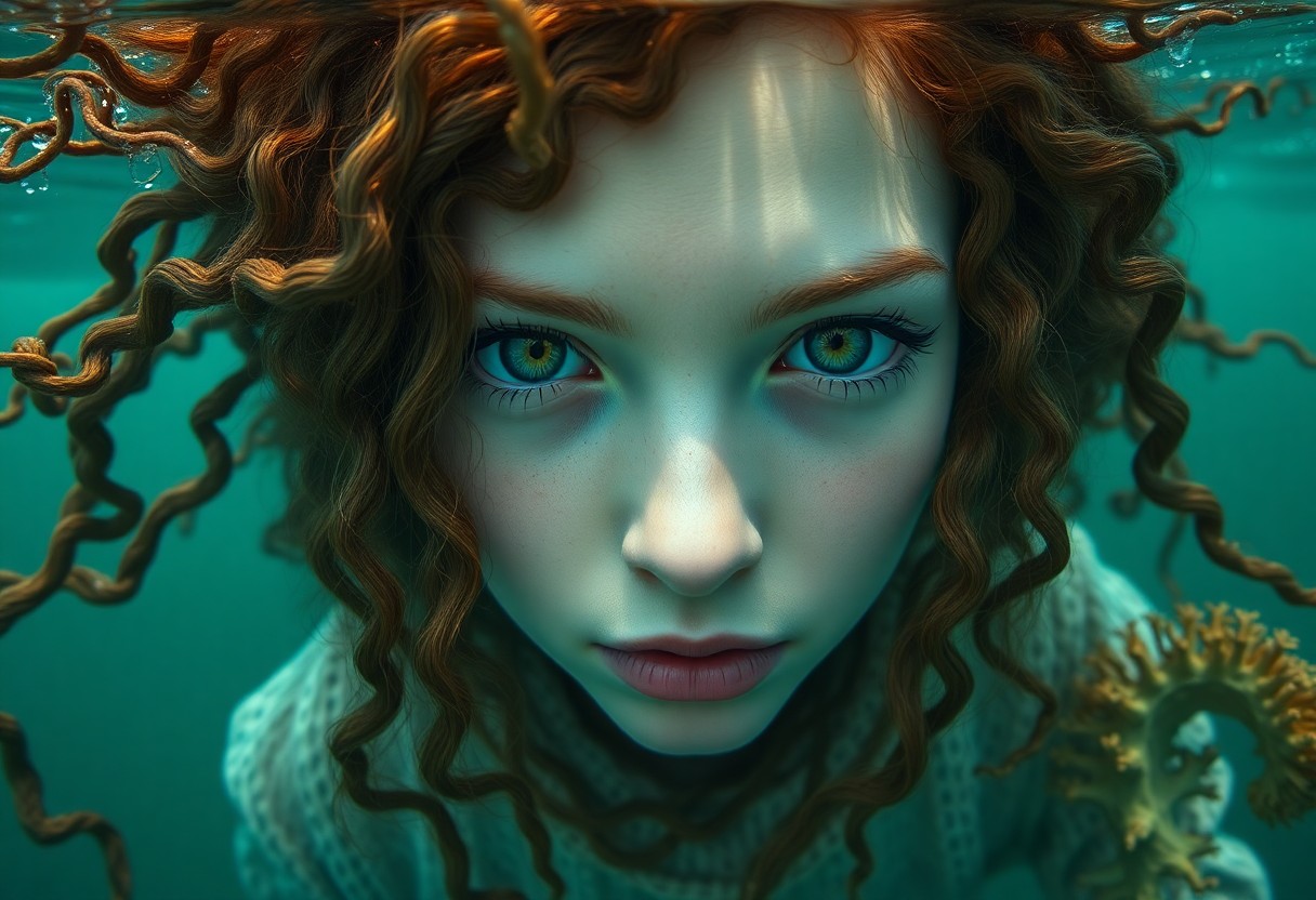 AI generated art for prompt: A hyperrealistic portrait from an unconventional underwater perspective captures a subject's intense