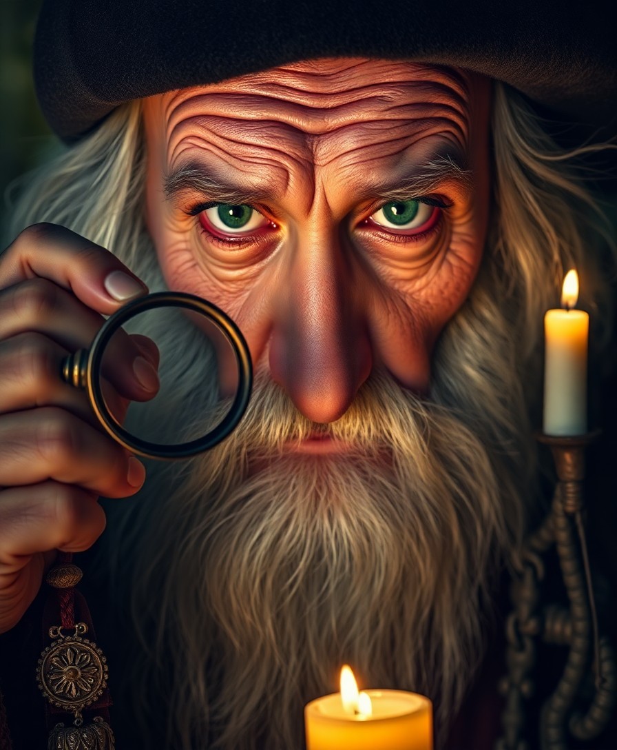 AI generated art for prompt: A portrait photograph showcases an ancient wizard with piercing emerald eyes and a long white beard 