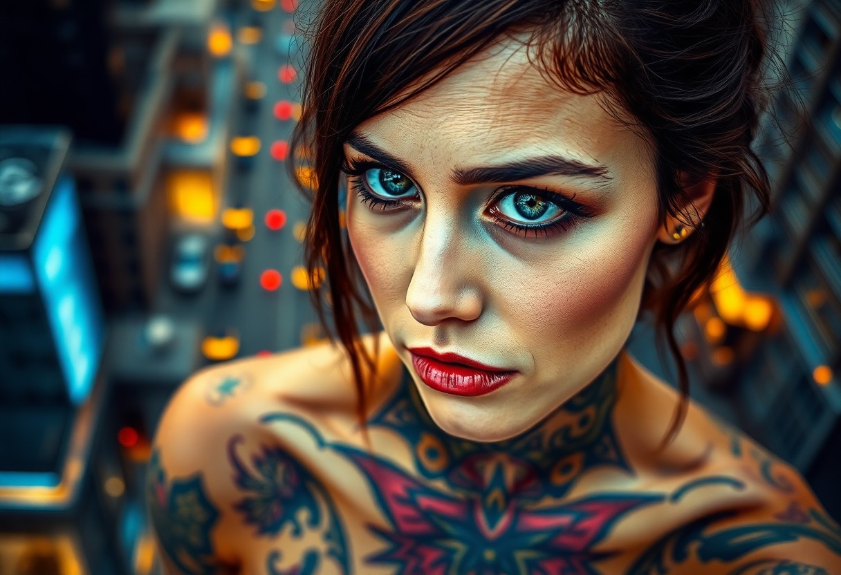 AI generated art for prompt: Craft a captivating photorealistic female portrait with intricate facial features and tattoo designs