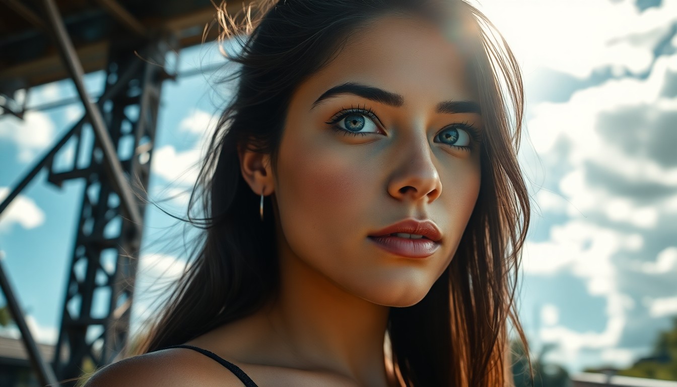 AI generated art for prompt: A serene portrait of a young Hispanic woman with captivating blue eyes and windswept hair reveals he