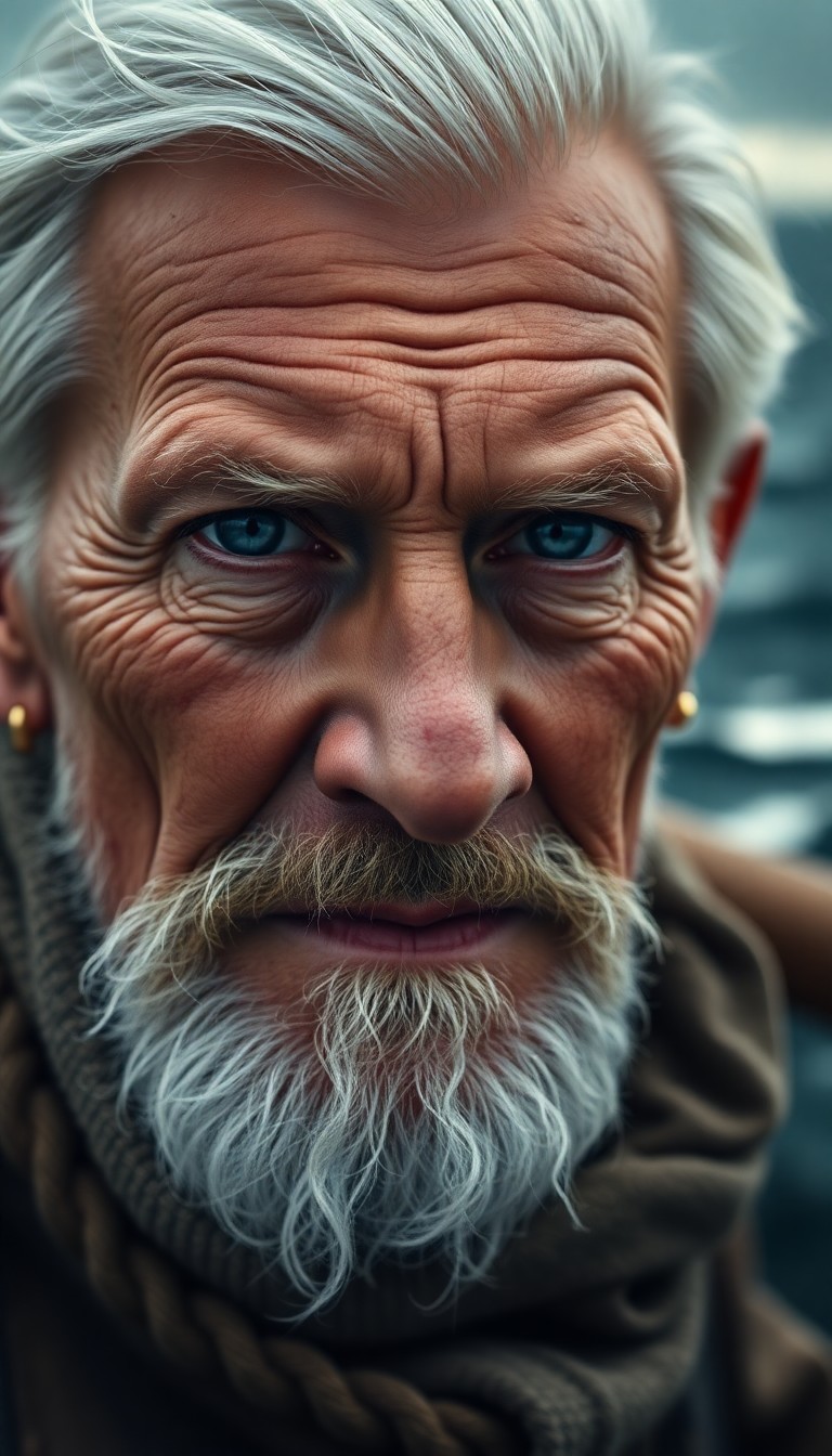 AI generated art for prompt: Create a photorealistic portrait of an old-school sailor with piercing blue eyes, set against the va