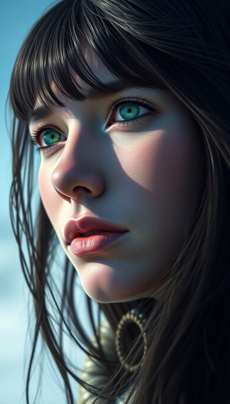 AI generated art for prompt: Create a hyperrealistic digital portrait of an Inuit woman with emerald eyes and raven hair cascadin