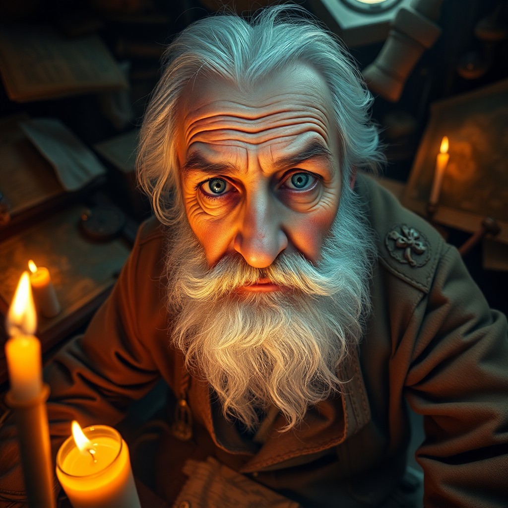 AI generated art for prompt: Step into a captivating photorealistic portrait of an aged sea captain, his face weathered by countl