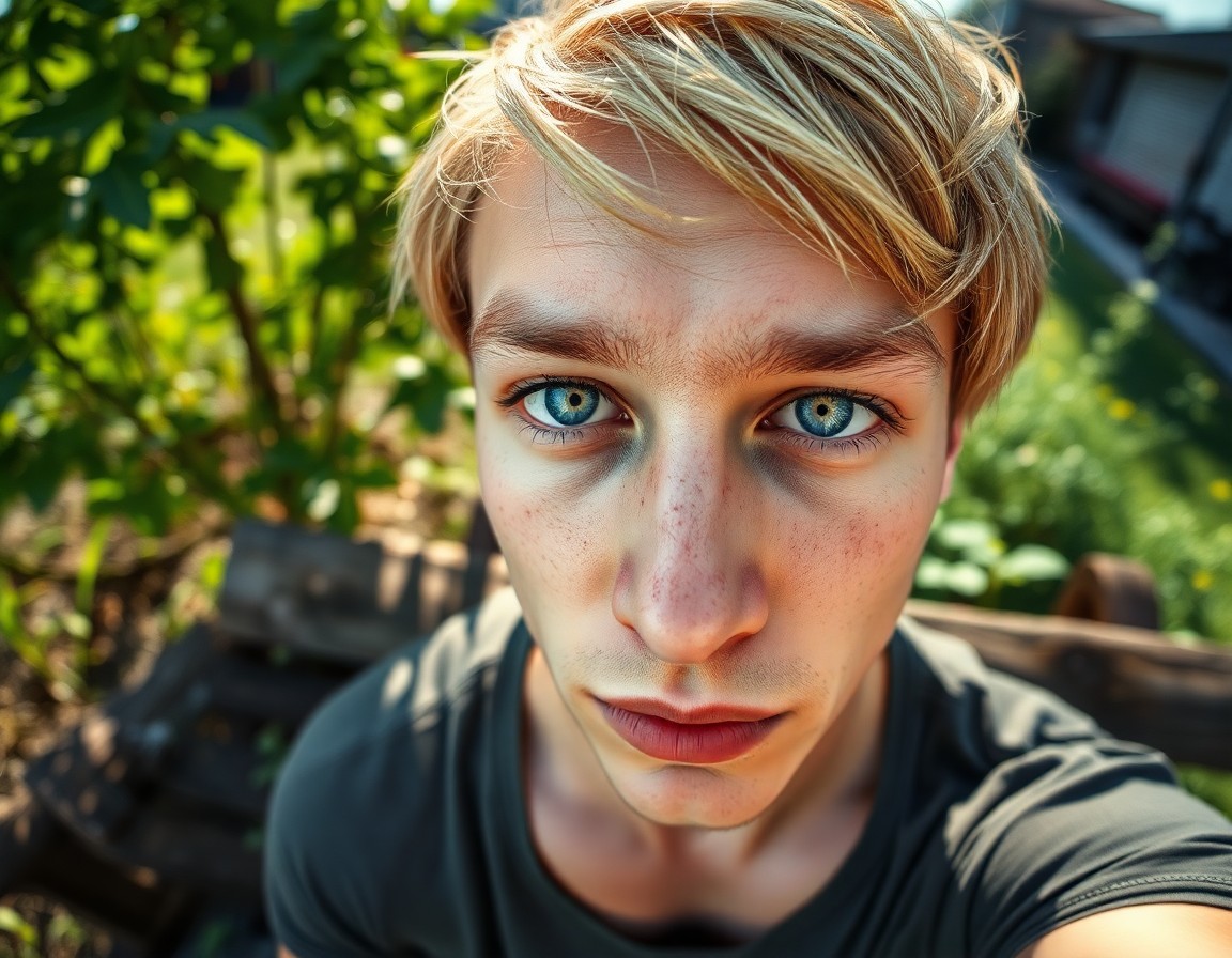 AI generated art for prompt: From a bug's-eye perspective, capture a photorealistic portrait of a young Nordic man with distant b