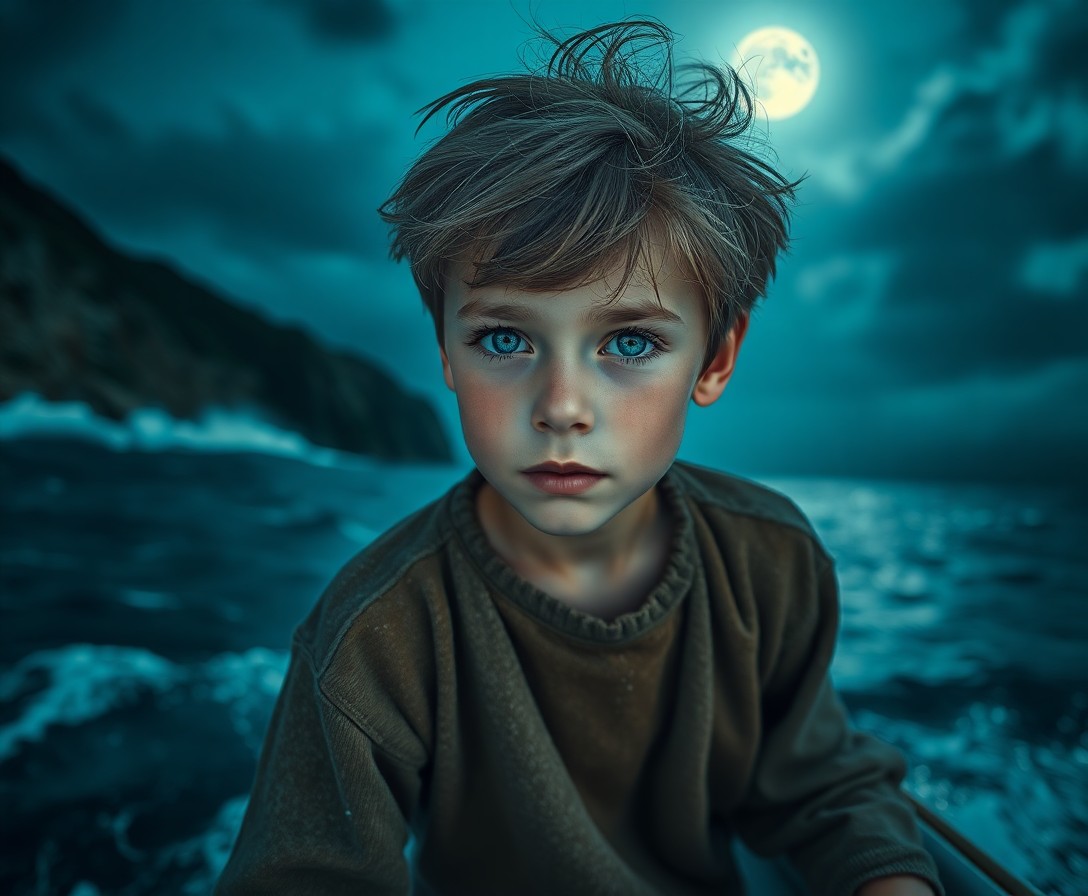 AI generated art for prompt: A hyperrealistic portrait showcases a boy with sun-kissed skin and hazy blue eyes, his gaze fixed on