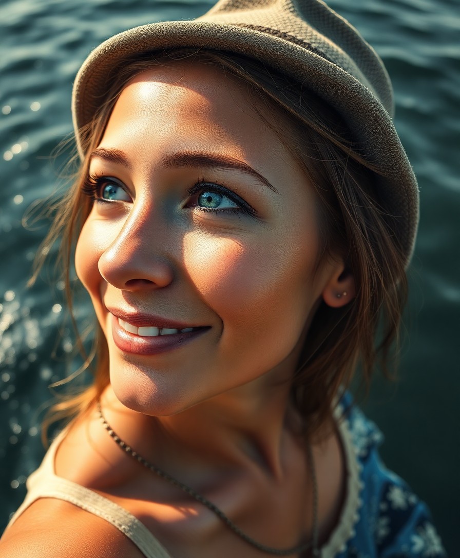 AI generated art for prompt: A photorealistic portrait showcases a joyful young woman with sun-kissed skin and tranquil green eye