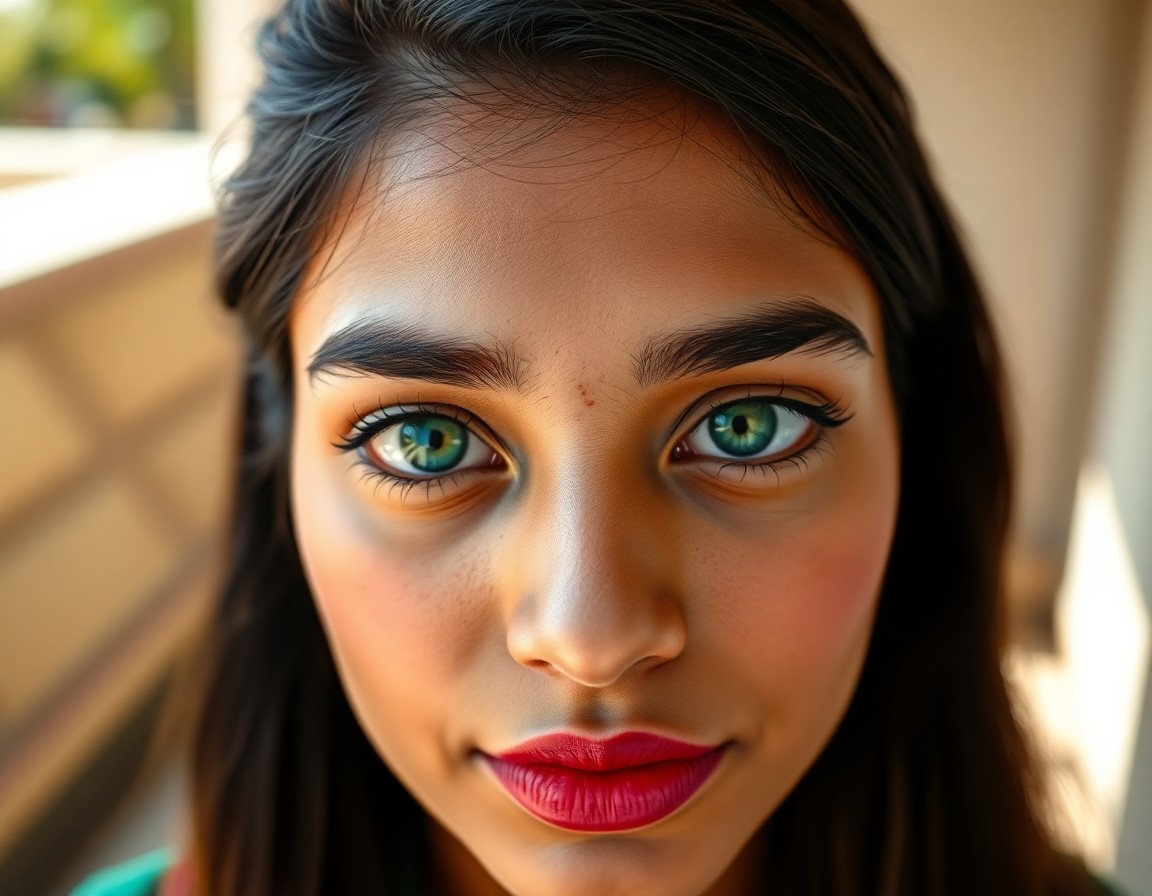 AI generated art for prompt: Craft a close-up portrait of a young South Asian woman, her captivating emerald eyes framed by dark 