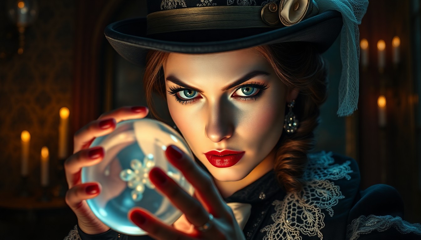 AI generated art for prompt: A hyperrealistic portrait depicts a charismatic female magician with an intense gaze, peering into a