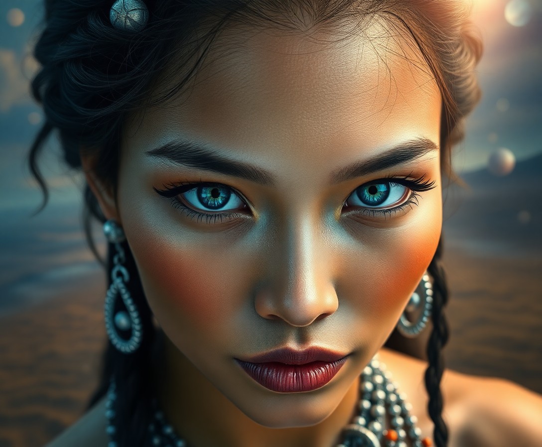 AI generated art for prompt: Craft a hyperrealistic portrait showcasing intricate details of a Micronesian woman with piercing bl