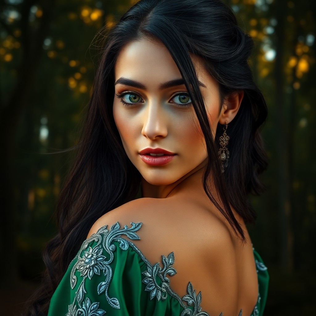 AI generated art for prompt: A hyperrealistic portrait of a captivating Mediterranean woman with mesmerizing green eyes and casca