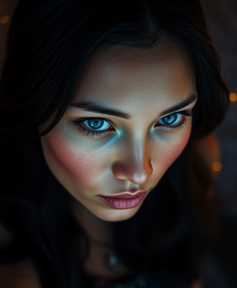 AI generated art for prompt: A photorealistic portrait of a mysterious Polynesian woman with serene blue eyes and raven-black hai