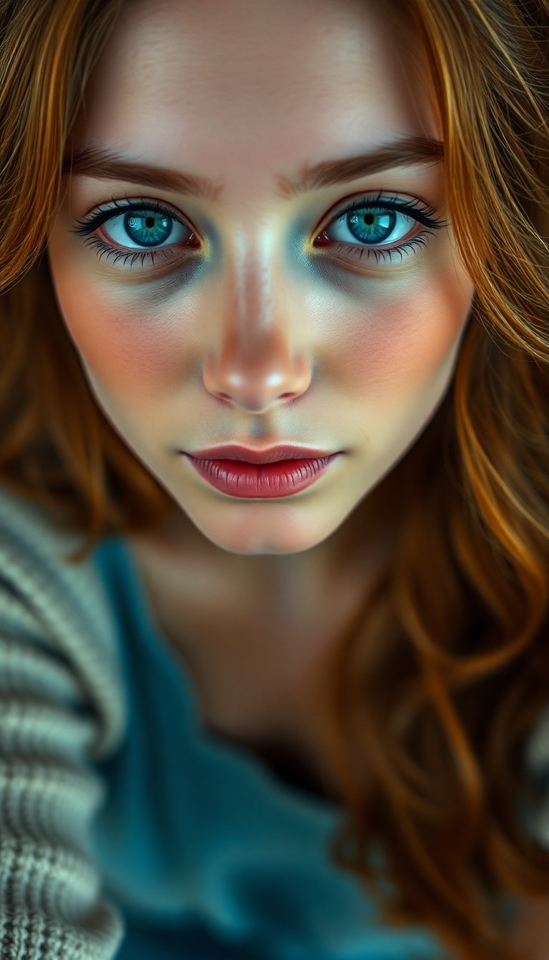 AI generated art for prompt: Craft a hyperrealistic portrait of a young Southern European woman with shy blue eyes and porcelain-