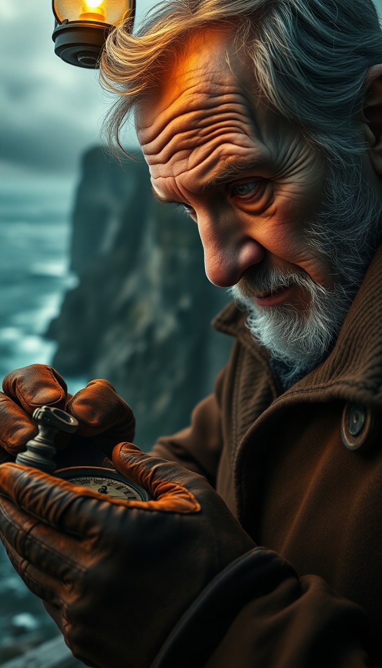 AI generated art for prompt: A hyperrealistic portrait showcases an aged lighthouse keeper with deep creases and a weathered comp