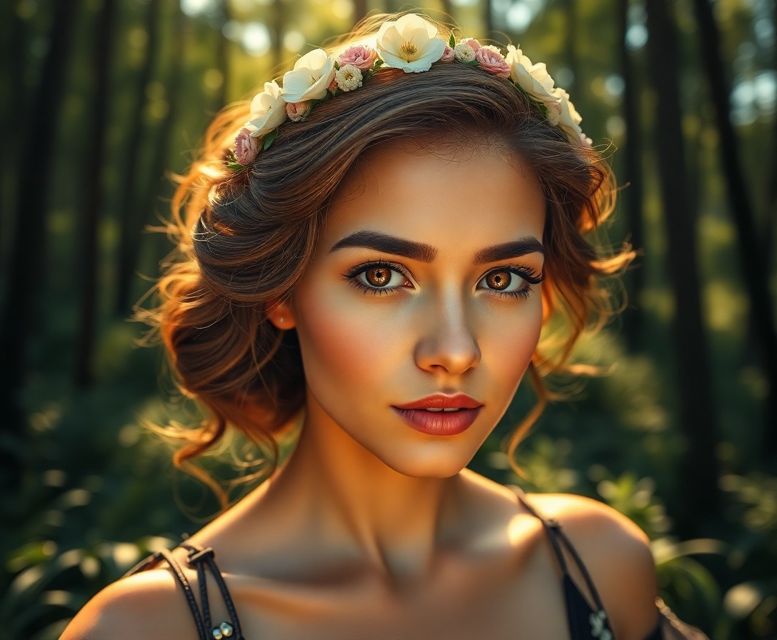 AI generated art for prompt: Create a photorealistic portrait of a young Hispanic woman with wavy chestnut-brown hair in an elega