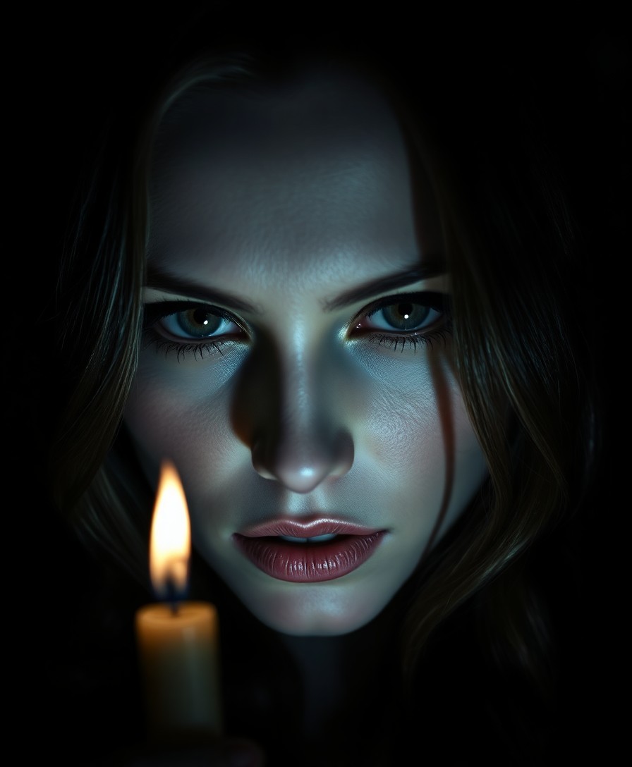 AI generated art for prompt: Haunted by her enigmatic gaze, a female vampire emerges from shadows illuminated by candlelight. Her