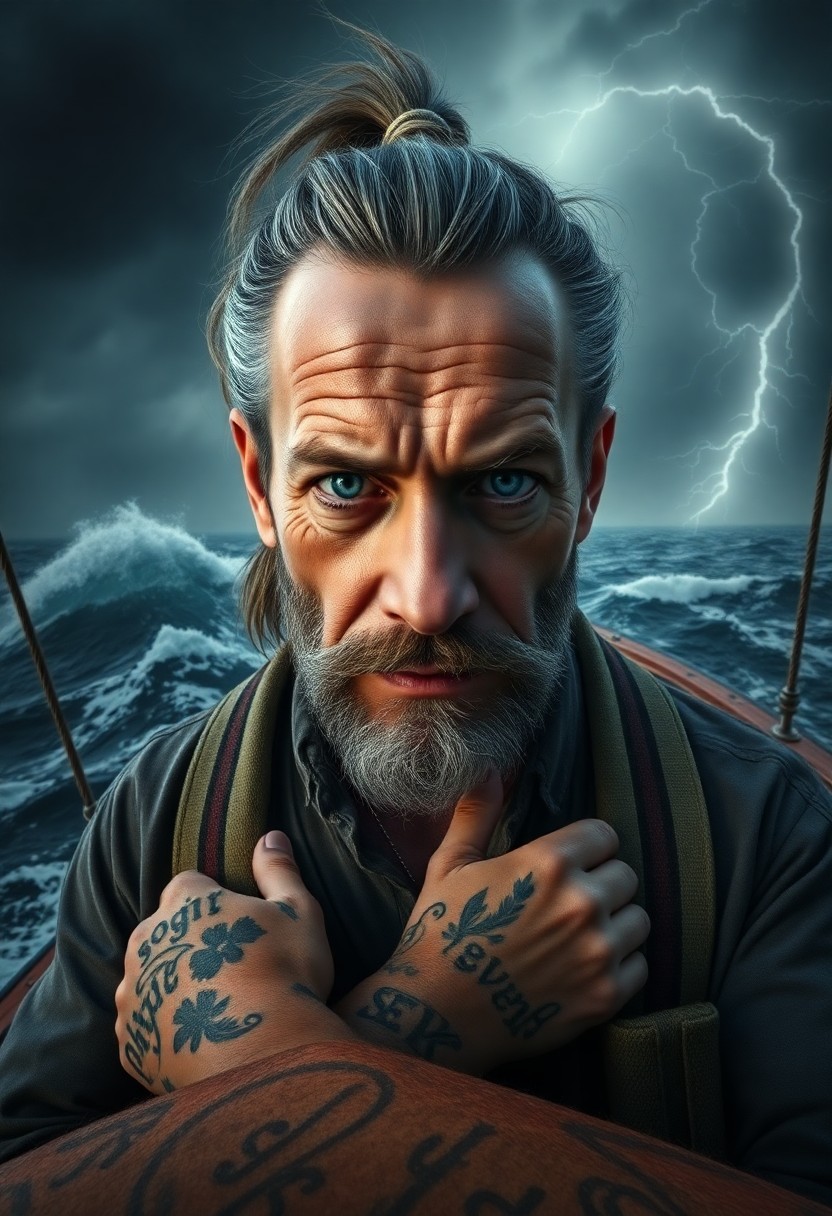 AI generated art for prompt: Craft a hyper-realistic portrait of an experienced sea captain with melancholy blue eyes and salt-an