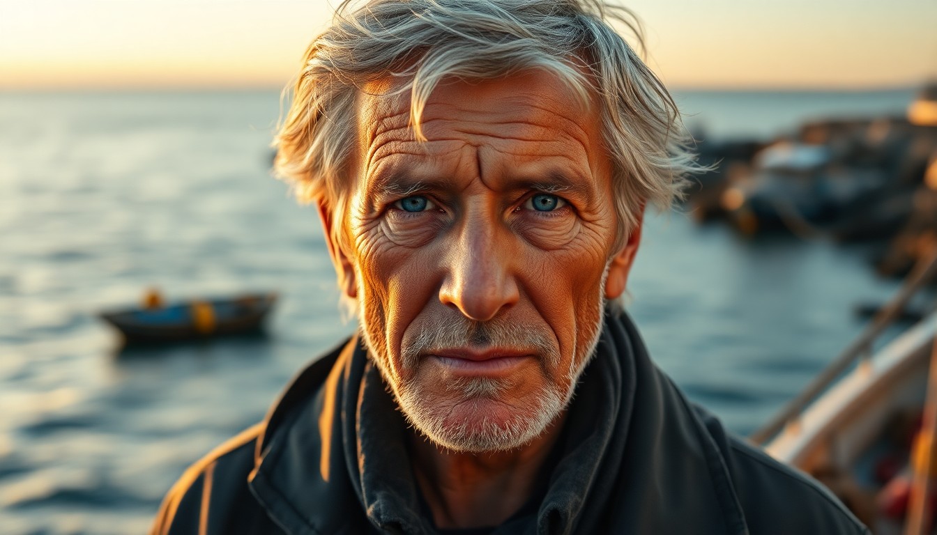 AI generated art for prompt: Envision a photorealistic portrait of a weathered middle-aged fisherman with shy blue eyes, captured