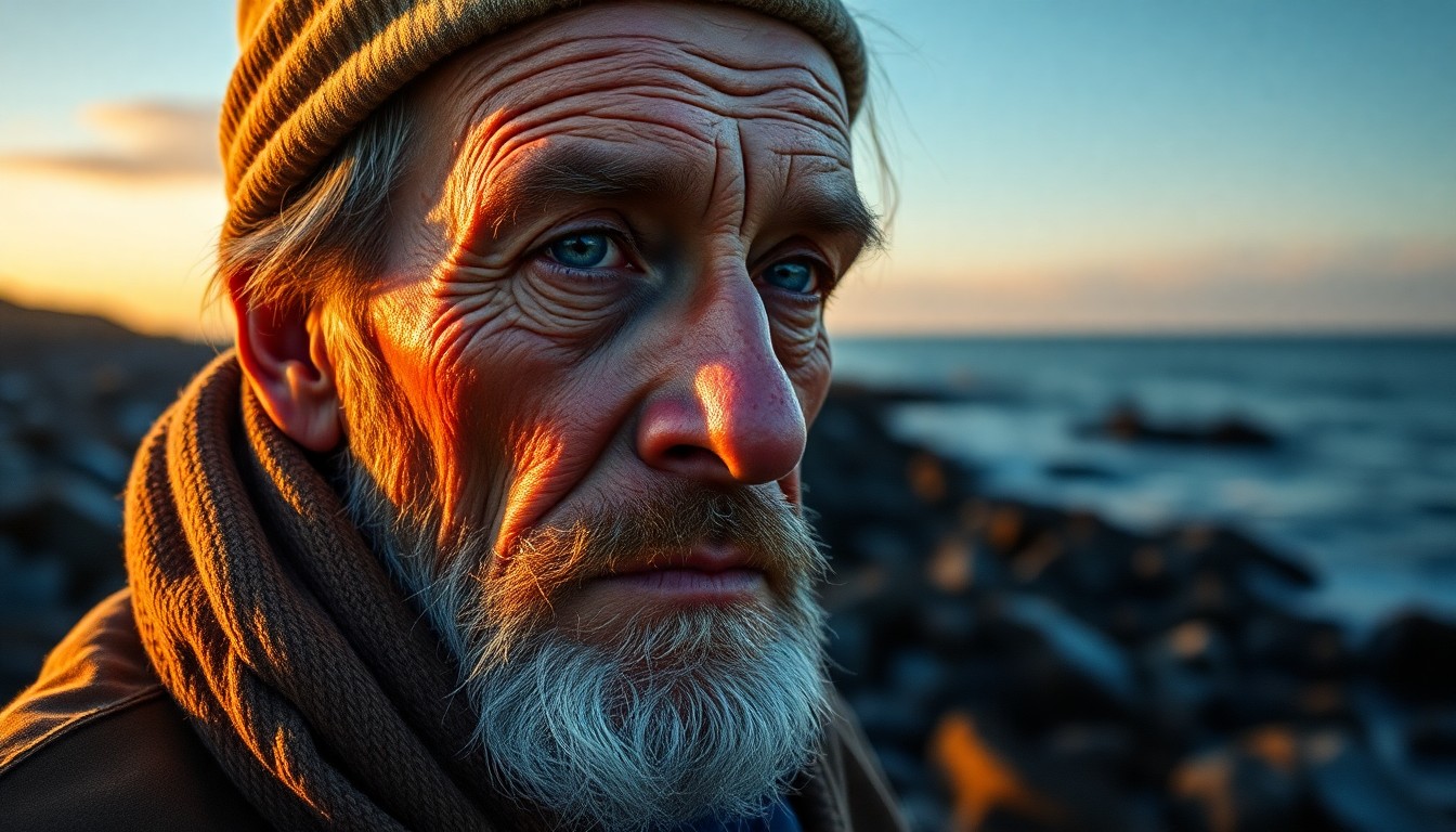 AI generated art for prompt: Craft a photorealistic portrait of an esteemed fisherman with weathered skin and misty blue eyes, ga