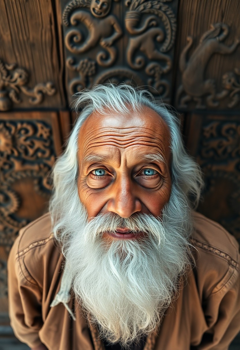 AI generated art for prompt: Craft a high-definition realistic portrait of an elderly Melanesian man with a long white beard and 