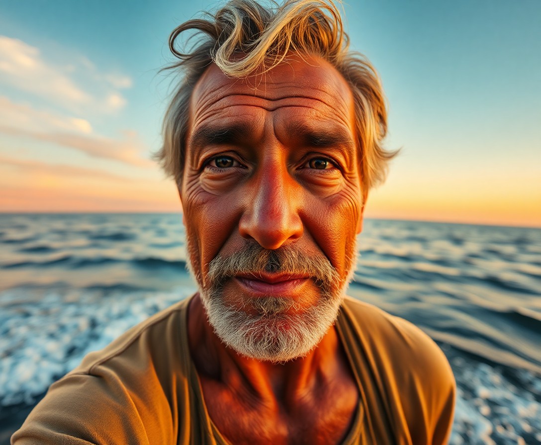 AI generated art for prompt: A photorealistic portrait captures a seasoned fisherman with sun-kissed skin and graying hair, his f