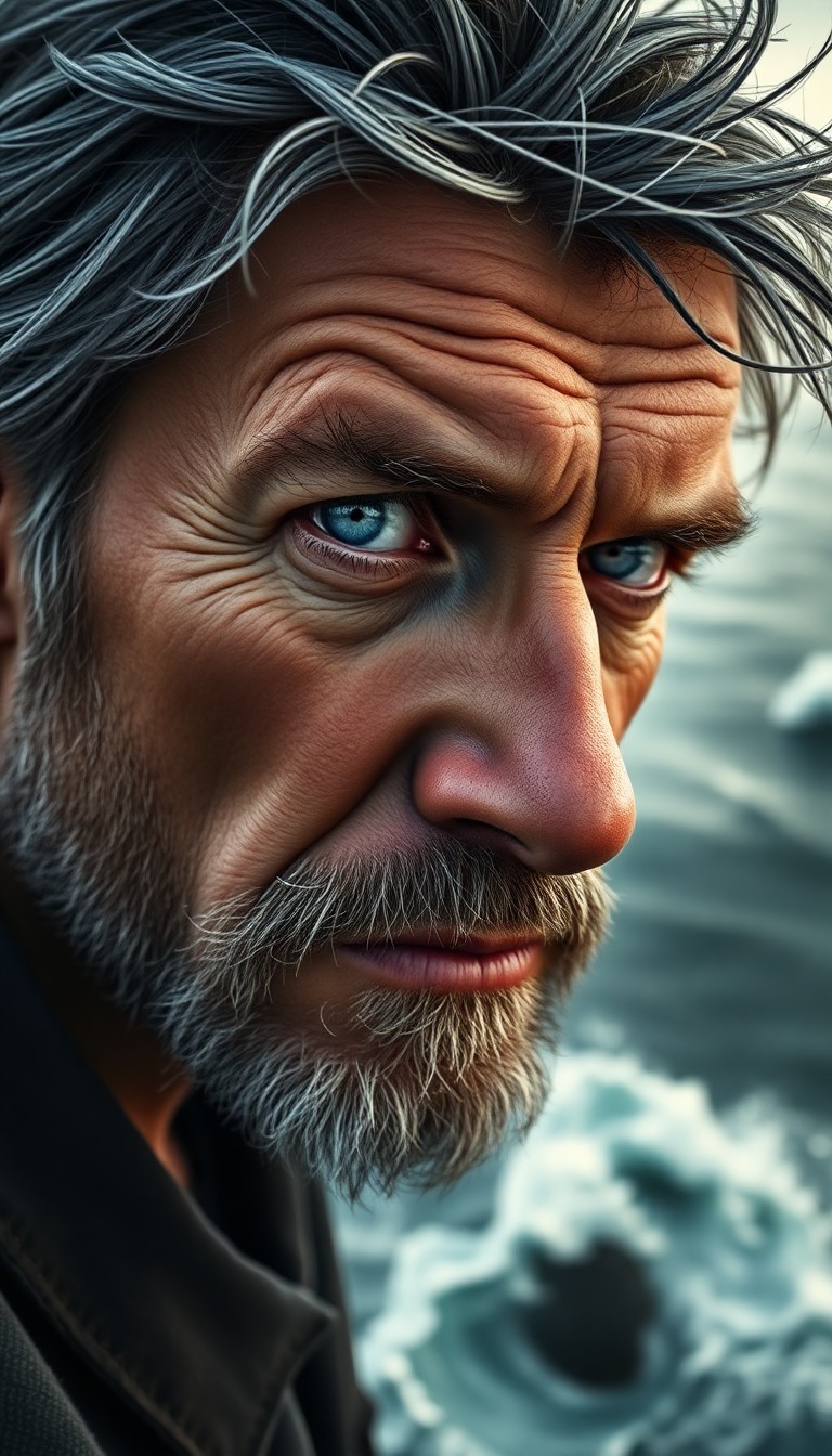 AI generated art for prompt: A highly detailed digital portrait depicts an experienced sailor's enigmatic expression with rugged 