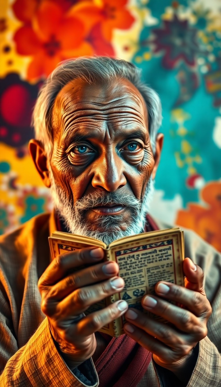 AI generated art for prompt: Craft a hyperrealistic portrait of an elderly South Asian man with his vintage face marked by deep c