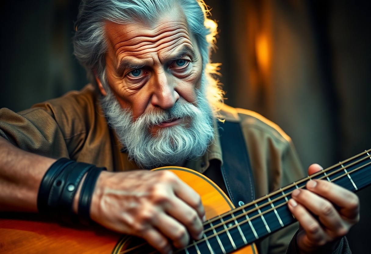 AI generated art for prompt: Craft a hyper-realistic portrait of an elderly musician with furrowed brows and serene blue eyes, hi