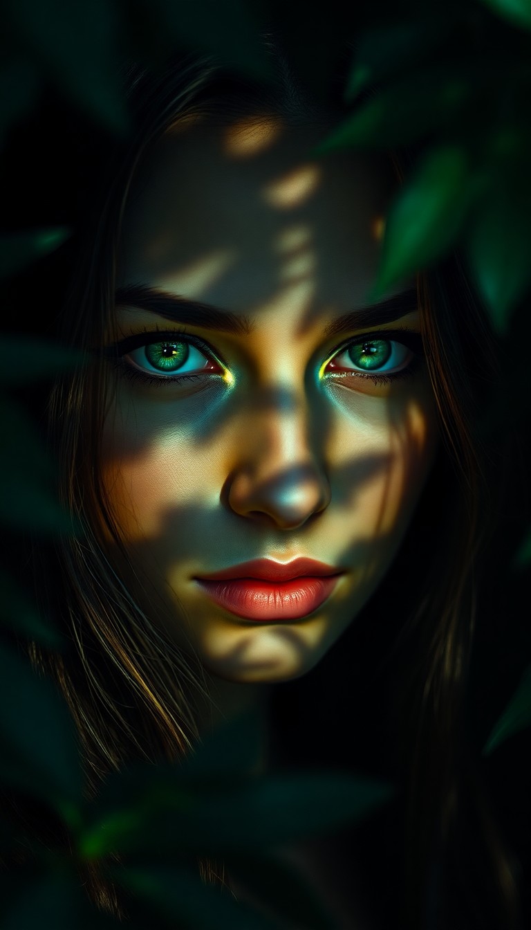 AI generated art for prompt: An ultra-realistic portrait captures the enigmatic gaze of a mysterious woman, her green eyes shimme