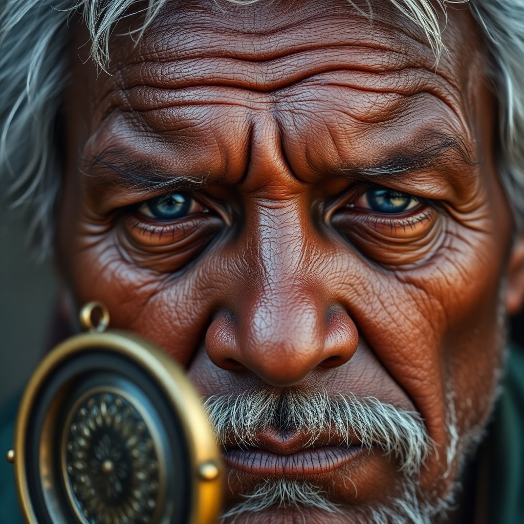 AI generated art for prompt: A hyperrealistic portrait of a rugged-faced middle-aged Melanesian man with shy blue eyes exudes wis