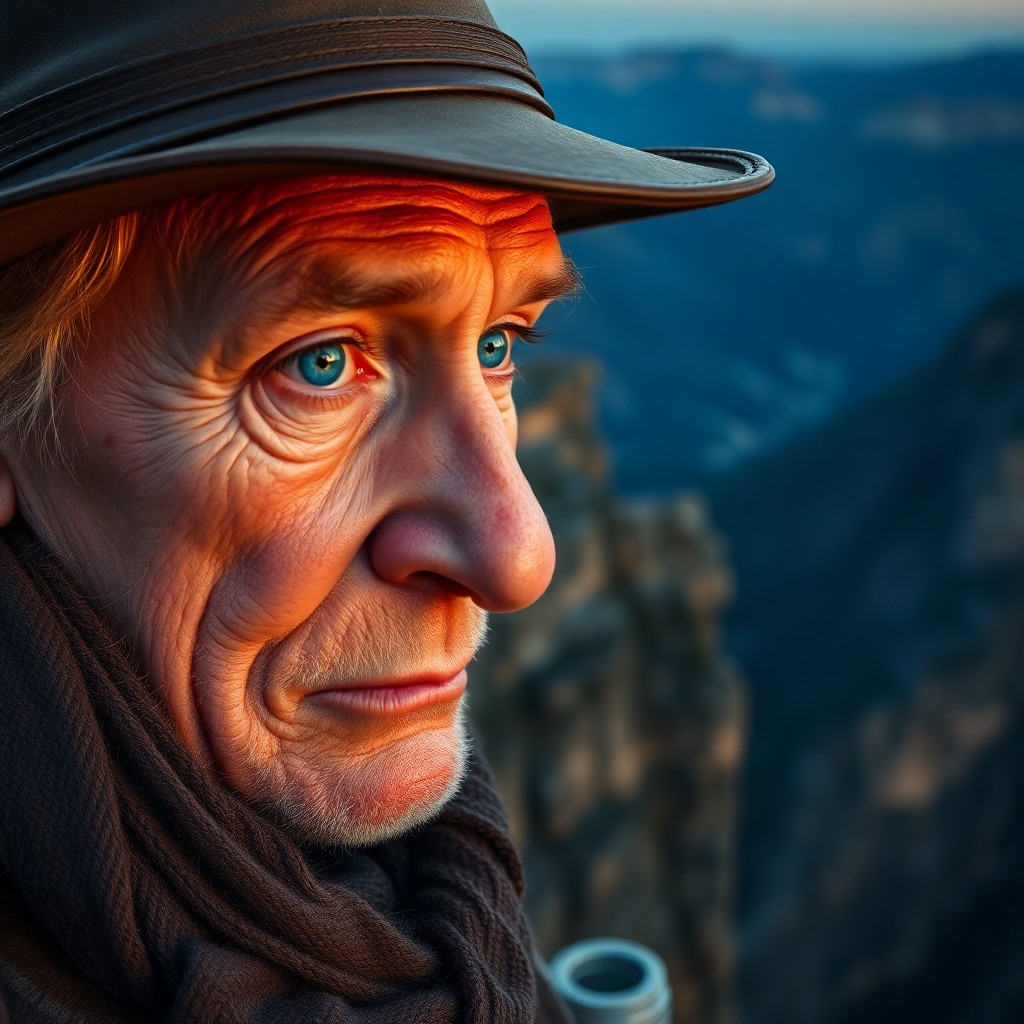 AI generated art for prompt: Envision a hyperrealistic portrait of an elderly adventurer with shy blue eyes and sun-kissed skin, 