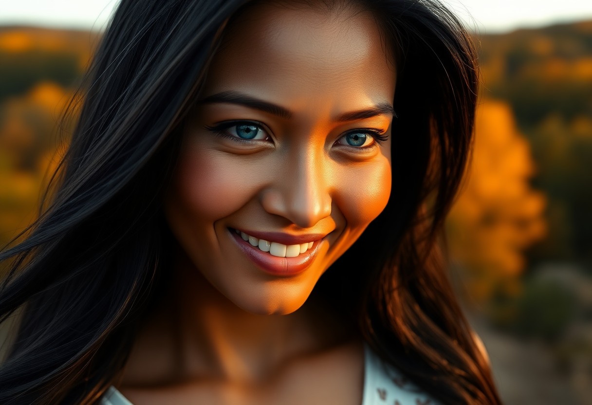 AI generated art for prompt: Create a photorealistic portrait of a 35-year-old Polynesian woman with deep blue eyes and flowing j