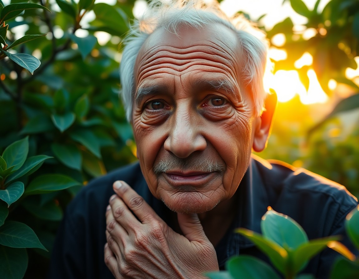 AI generated art for prompt: Create a serene close-up portrait of an elderly Hispanic man with warm eyes and gentle wrinkles embo