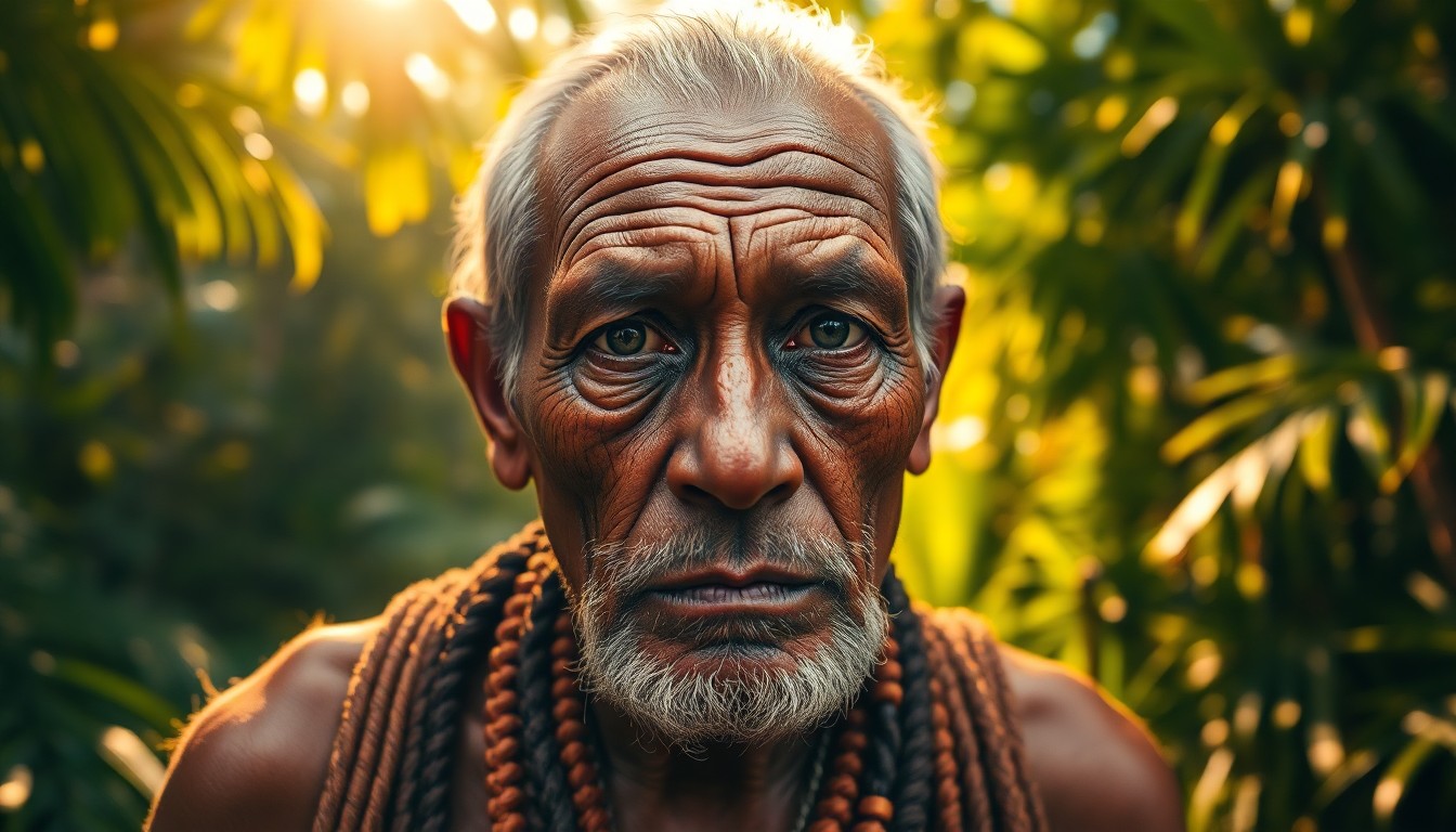 AI generated art for prompt: Craft a photorealistic portrait photograph of an elderly shaman with intense yet serene eyes, deep w