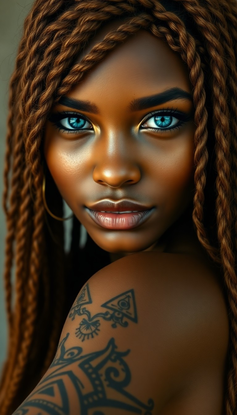 AI generated art for prompt: Craft an ultra-realistic portrait of a captivating Caribbean woman with long, chestnut hair cascadin