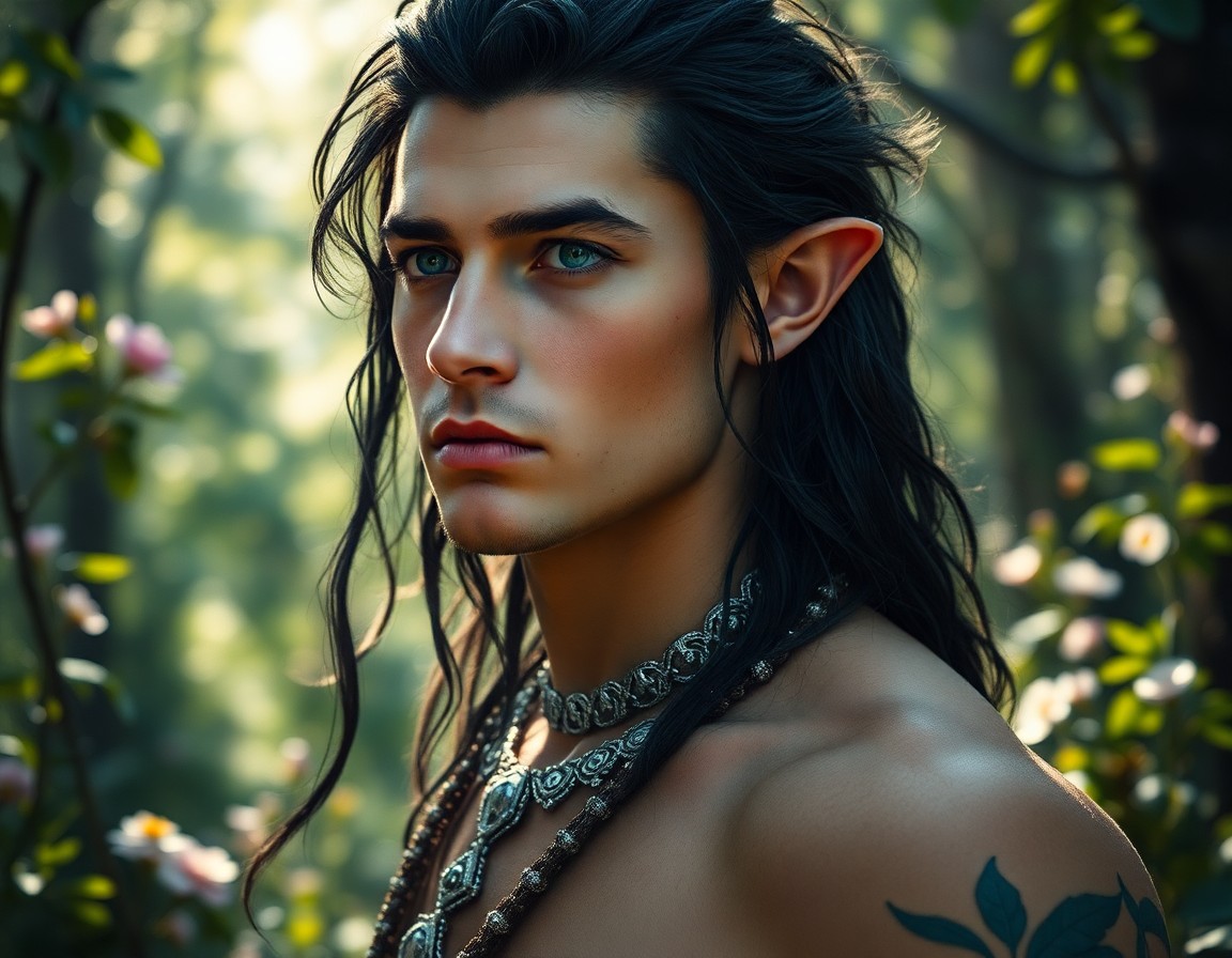 AI generated art for prompt: A portrait photograph depicts a male fae warrior with piercing emerald eyes and raven hair adorned b