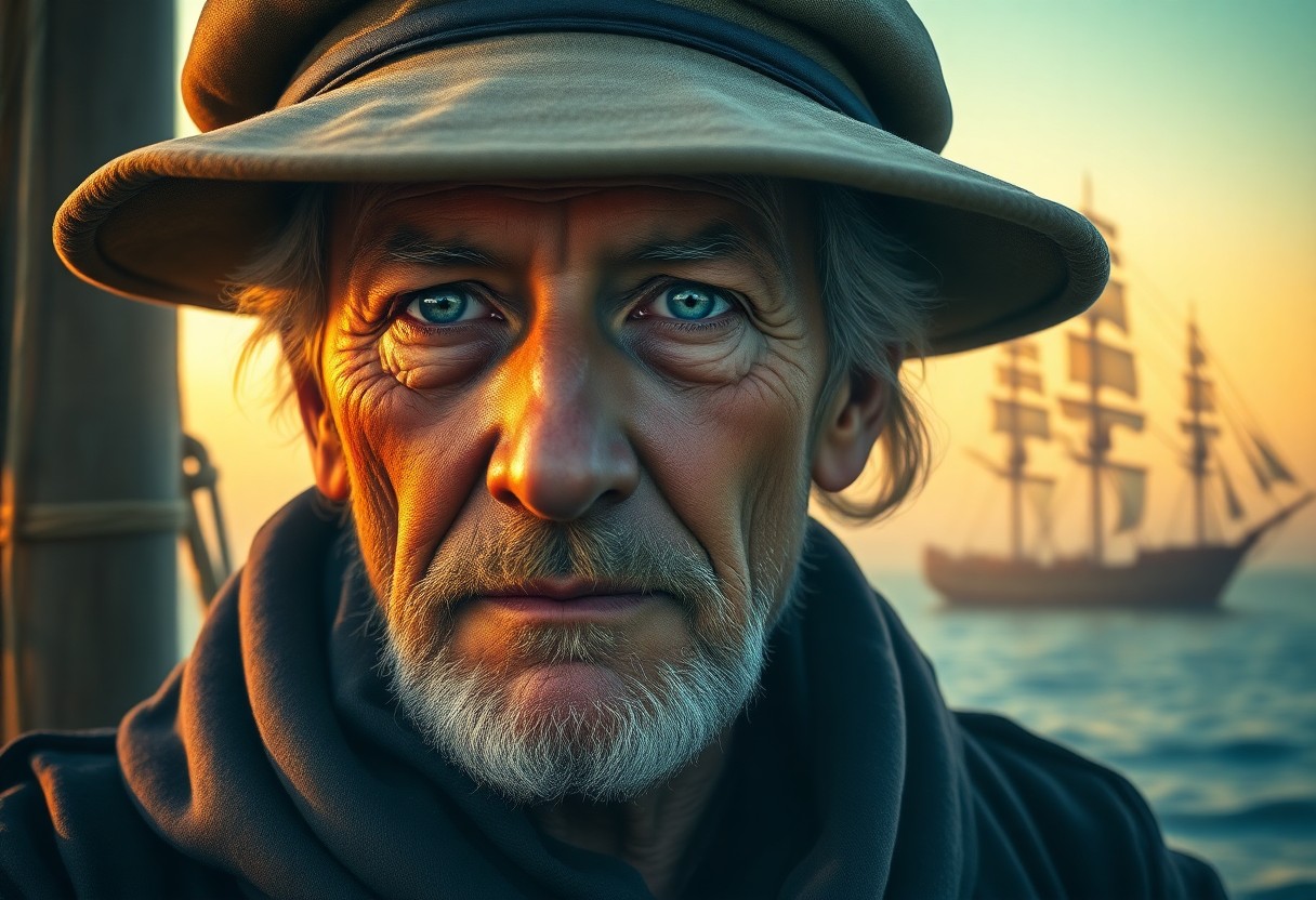 AI generated art for prompt: A hyperrealistic portrait showcases an aged sailor with a visage exuding wisdom and experience. His 