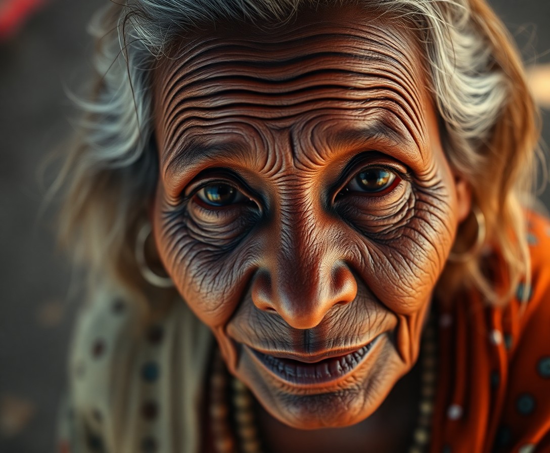 AI generated art for prompt: A photorealistic portrait photograph captures an astute elderly African woman from above, as if view